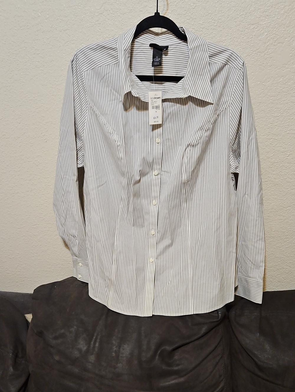Lane Bryant White Button-Down Shirt with Gray Pinstripes